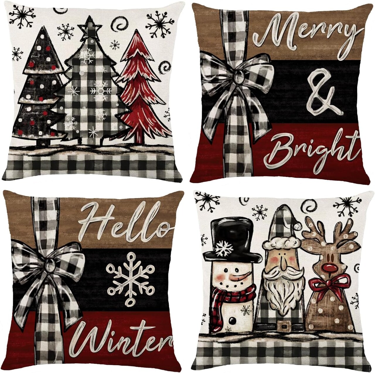 Christmas Throw Pillow Covers Set of 4,18x18 Inch Xmas Trees Snowman Santa Elk Buffalo Plaid Merry Christmas Winter Holiday Farmhouse Decorative Cushion Case for Sofa Couch Decor